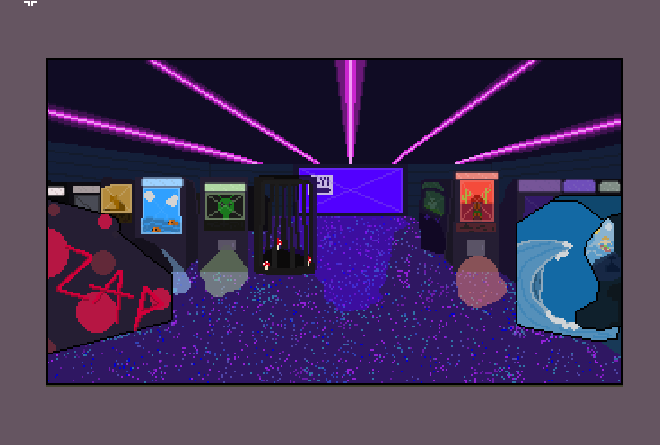 2D pixelated art of an arcade with glowing machines.