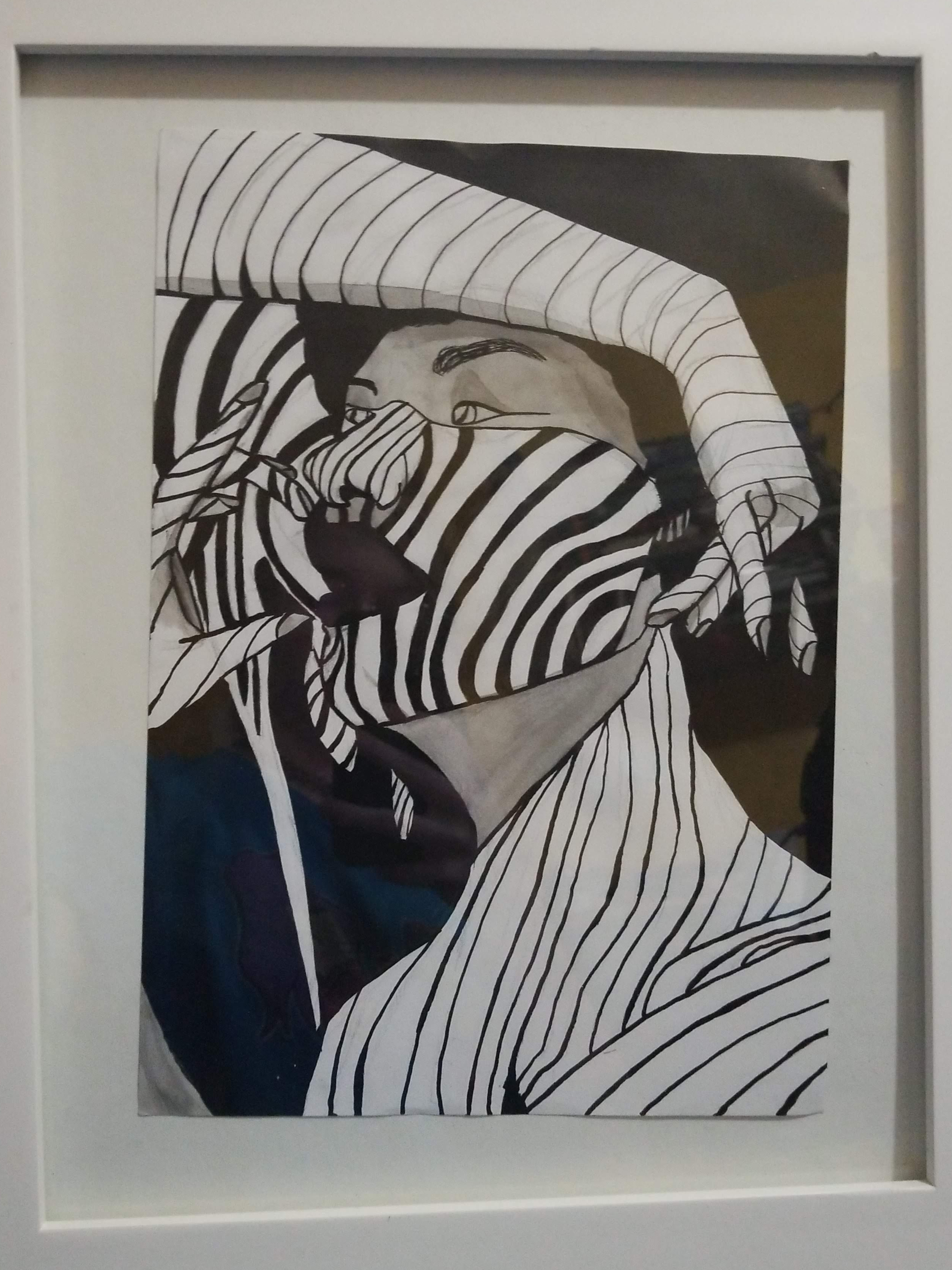 A black and white ink drawing of a woman covered in shadows.