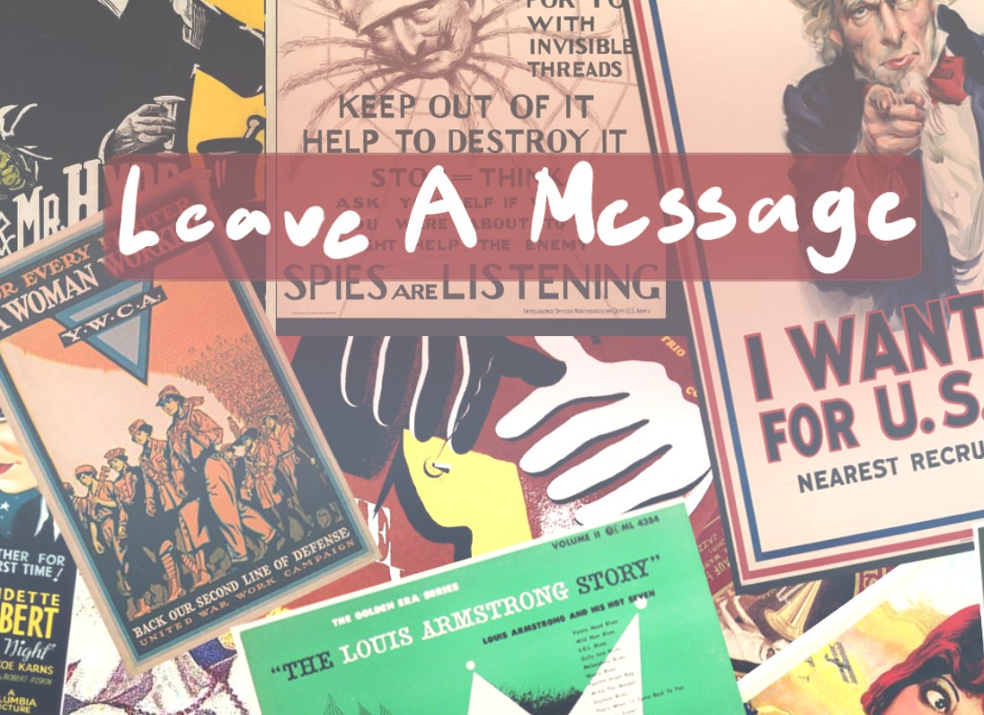 Leave A Message game menu. The background of the menu is a bunch of old timey photos.