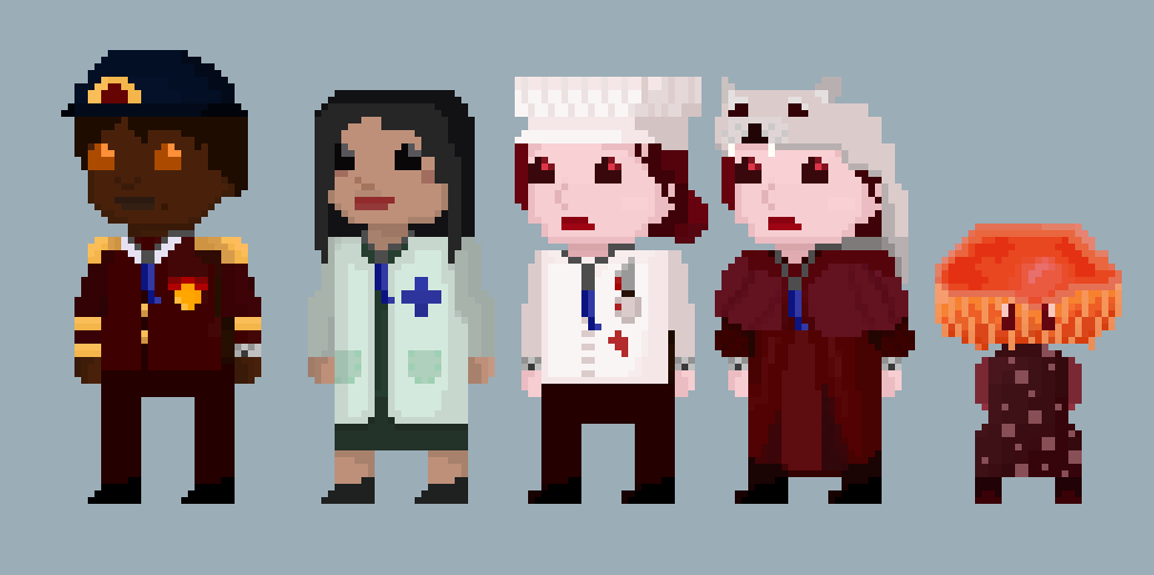 2D pixelated sprites of several characters.